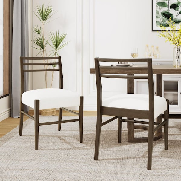 Solid Rubberwood Walnut and Beige Fabric Upholstered Dining Chair (Set of 2)