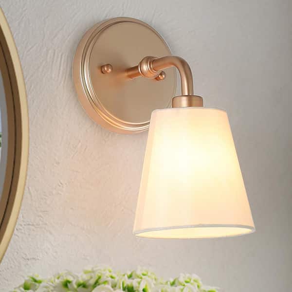 Modern Gold Bedroom Wall Light, 1-Light Farmhouse Gold Wall Sconce Bathroom Vanity Light with Fabric Shade