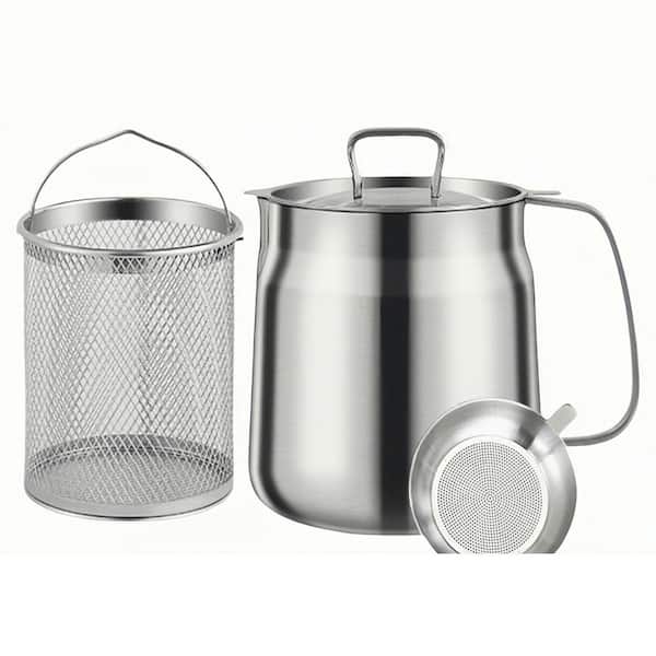 2.1 qt. Stainless Steel Stock Pot in Silver with Basket and Strainer for Oil Filtration and Frying Cooking