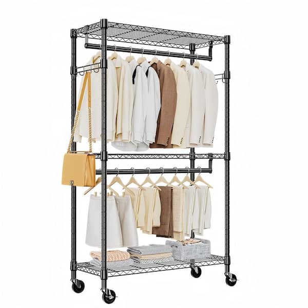 Black 3 Tiers Heavy Duty Steel Rolling Clothes Rack with 2 Rods and Side Hooks, 29.5 in. W x 74.5 in. H x 15.7 in. D