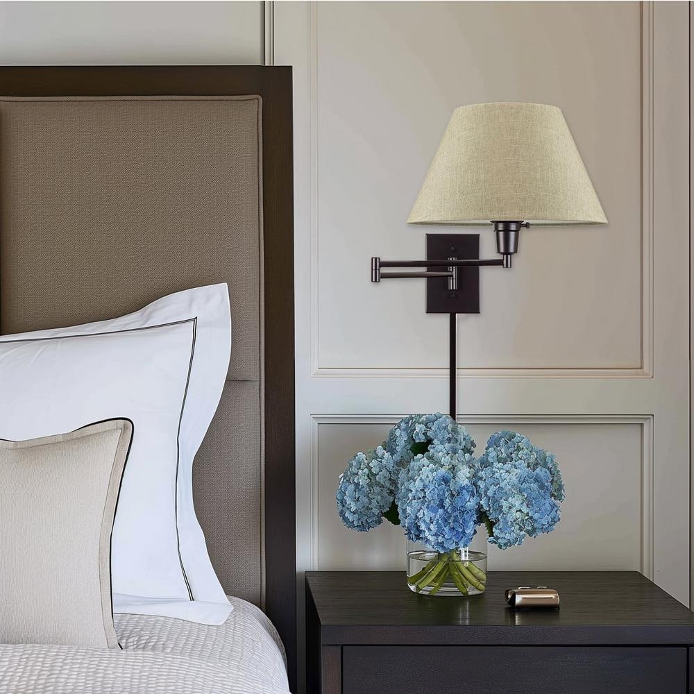 Black 13" Swing Arm Wall Lamp with Latte Mocha Fabric Shade