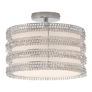 Rosalie 13.375 in. Silver-Finished Semi-Flush Mount Ceiling Light with White Fabric and Silver Charms Drum Shade