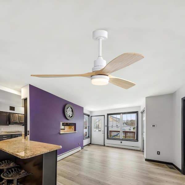 52 In. Indoor White 3 Solid Wood Blades Integrated LED Ceiling Fan with Remote Control and Reversible DC Motor