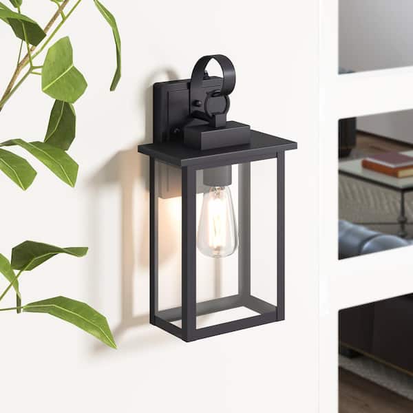 Hawaii 15 in. H 1-Bulb Black Hardwired Outdoor Wall Lantern Sconce with Dusk to Dawn with LED Bulb