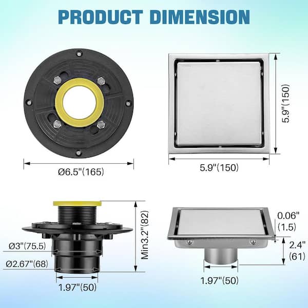 WOWOW 6 in. x 6 in. Stainless Steel Square Shower Drain with Tile