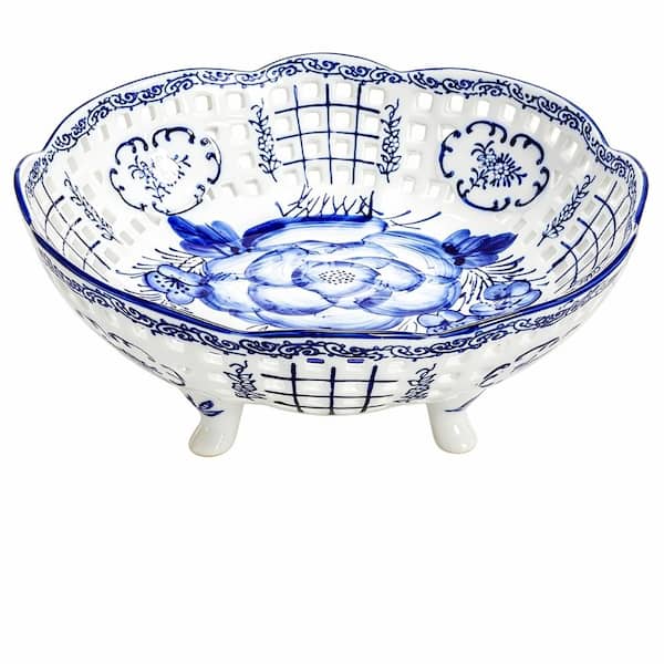 10 in. Blue and White Porcelain Pedestal Fruit Bowl with Drainage Holes, Ceramic Chinoiserie Kitchen