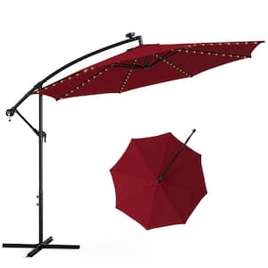 10 ft. Solar Tilted Cantilever Hanging Patio Umbrella with LED Lights Sun Shade Offset Umbrella in Wine