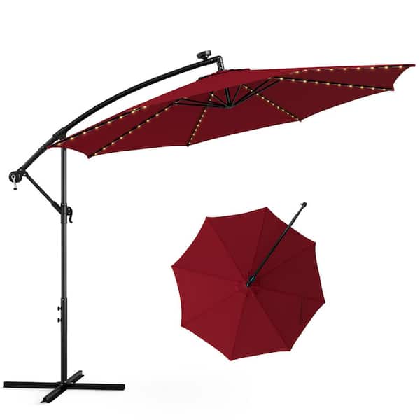 HONEY JOY 10 ft. Solar Tilted Cantilever Hanging Patio Umbrella with LED Lights Sun Shade Offset Umbrella in Wine