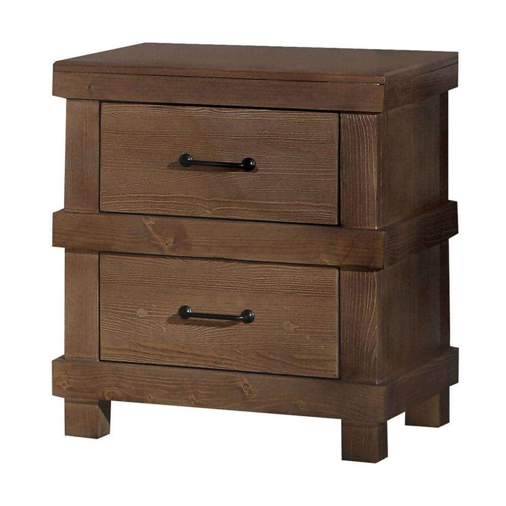 Antique Oak 2-Drawer Wooden Nightstand with Metal Handles