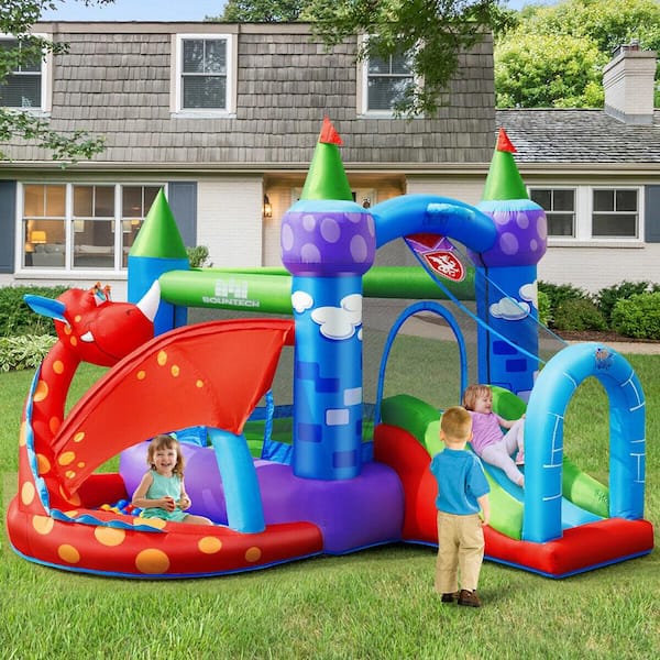 Kids Inflatable Bounce House Dragon Jumping Slide Bouncer Castle with 750-Watt Blower