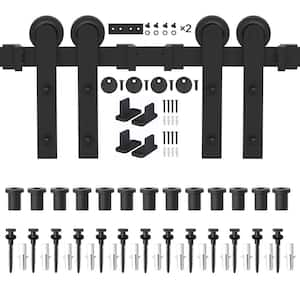 16 ft./192 in. Frosted Black Strap Sliding Barn Door Track Hardware Kit for Double Wood Doors Non-Routed Floor Guide
