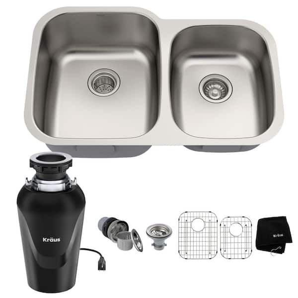 KRAUS Premier 32" Undermount 60/40 Double Bowl Stainless Steel Kitchen Sink with WasteGuard Continuous Feed Garbage Disposal