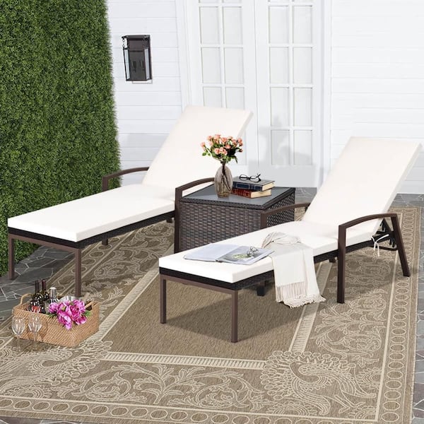 Wicker Outdoor Lounge Chair Patio Reclining Chaise Sun Lounger with Red Cushion (2-Pack)