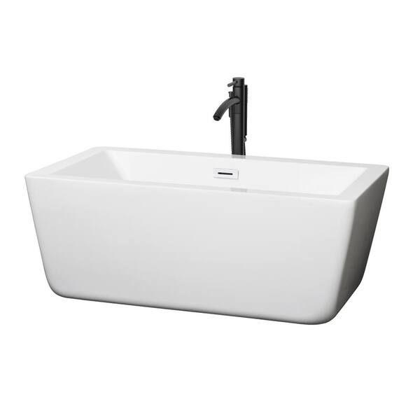 Wyndham Collection Laura 58.75 in. Acrylic Flatbottom Bathtub in White with Shiny White Trim and Matte Black Faucet