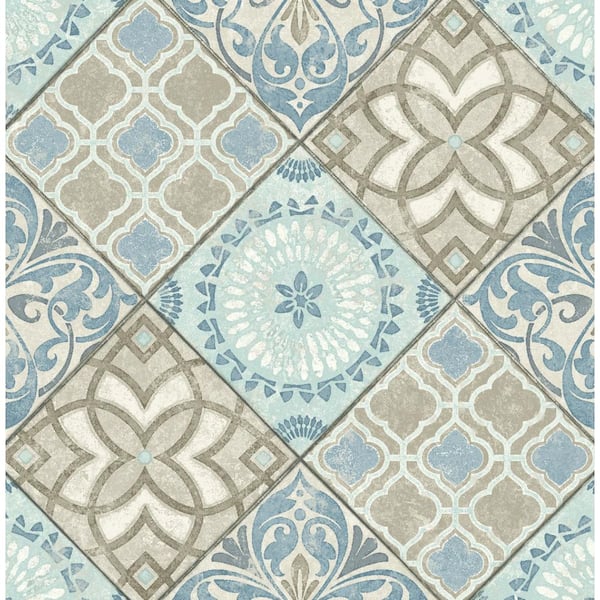 56 sq. ft. Blue & Grey Tile Unpasted Paper Wallpaper Roll