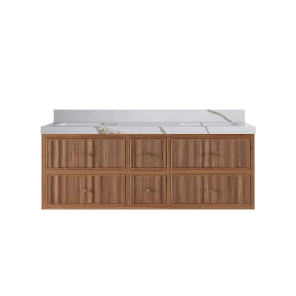 Willow Collections Sonoma Floating 60 in. W x 22 in. D x 36 in. H Double Sink Bath Vanity in Dark Natural with 2 in. Calacatta Gold Qt. Top