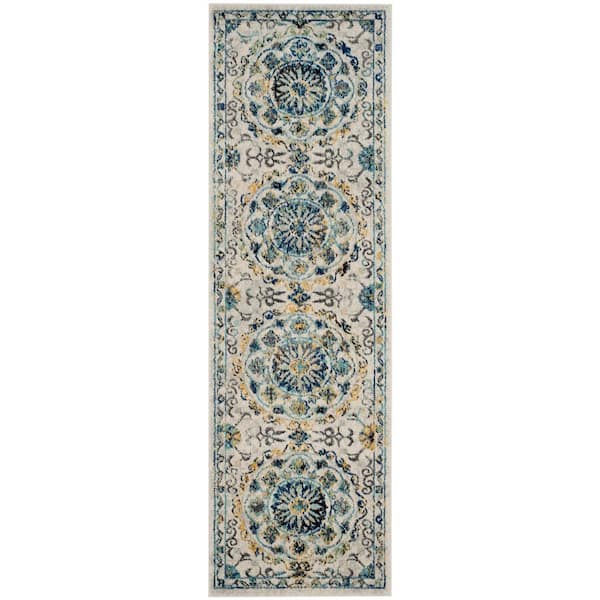 SAFAVIEH Evoke Ivory/Blue 2 ft. x 7 ft. Floral Border Circles Runner Rug