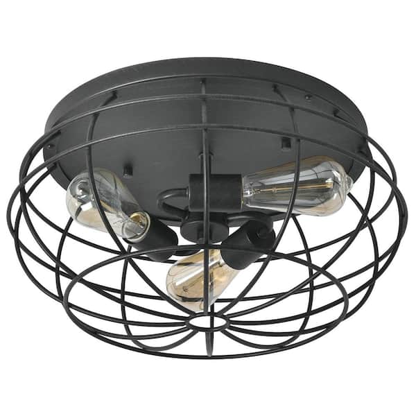 Pia Ricco 16.94 in. 3-Light Industrial Bronze Flush Mount Ceiling Light With Metal Cage Shade