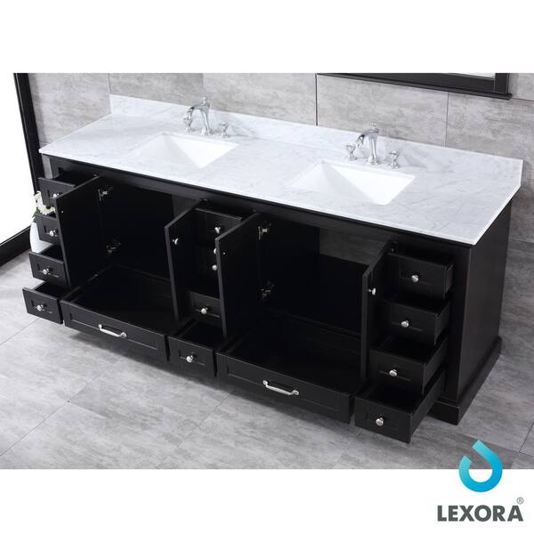 Lexora Sherman 84 in W x 22 in D Black Double Bath Vanity, Carrara Marble Top, Faucet Set, and 36 in Mirror