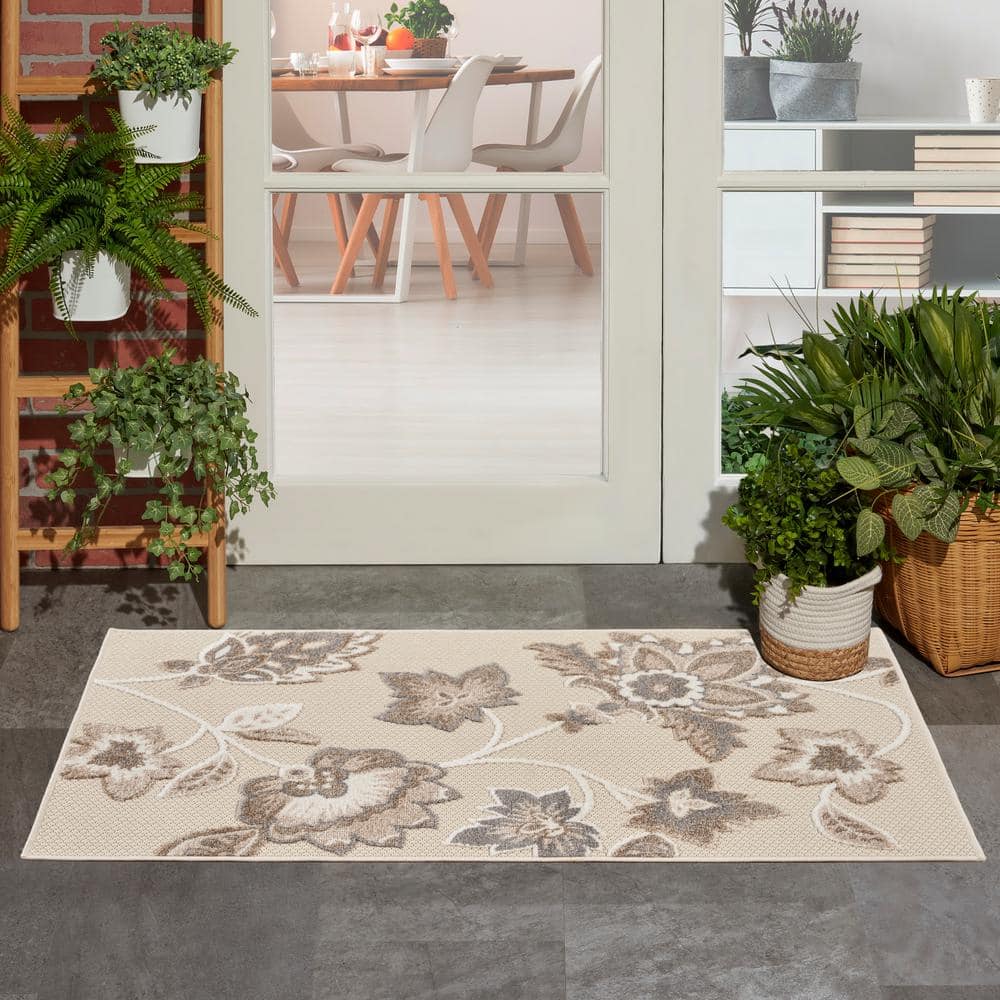 Beige Floral Synthetic Rectangular Rug 2'8" x 4'