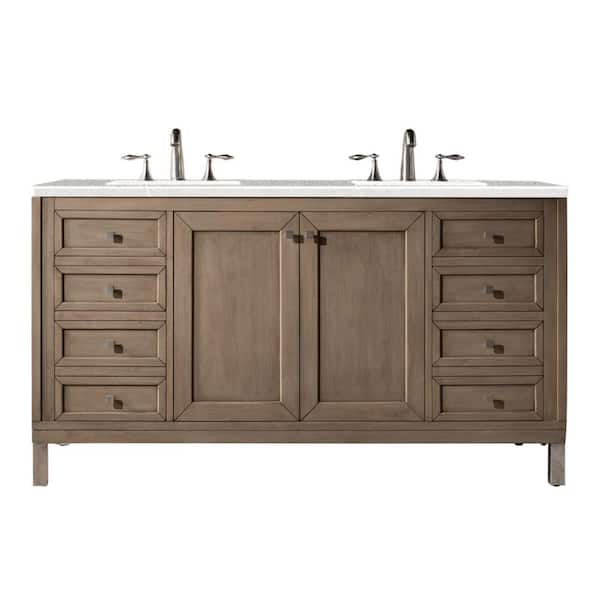 James Martin Vanities Chicago 60 in. W x 23.5 in. D x 33.8 in. H Double Bath Vanity in Whitewashed Walnut with Serena Quartz Top