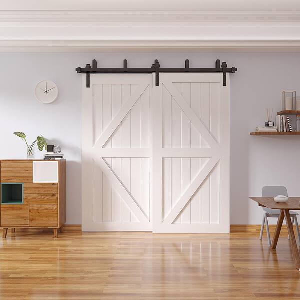 8 ft./96 in. Frosted Black Heavy-Duty Bypass Double Door Sliding Barn Door Hardware Classic Design Roller