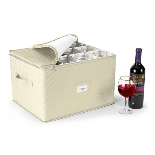 Beige Stemware Storage Quilted Case (Fits 12 Wine Glasses), Stemware Organizer