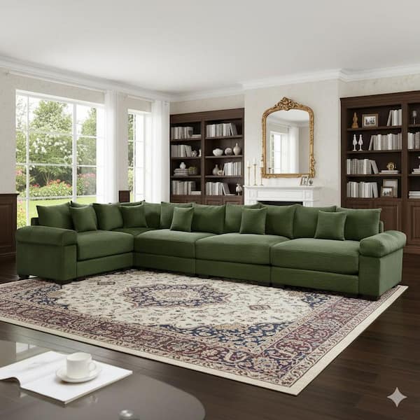 RSTDLM 154.6 in. Straight Arm 5-Piece Corduroy Modular Sectional Sofa with Ergonomic Design in Olive Green