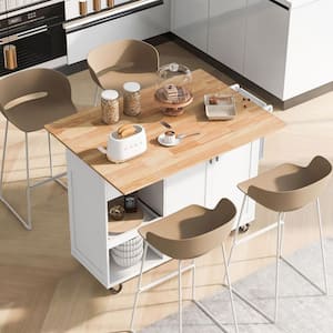 White Wood 49 in. Kitchen Island Cart with Folding Panels/Slide-Out Shelves/Towel Rack and Drawer