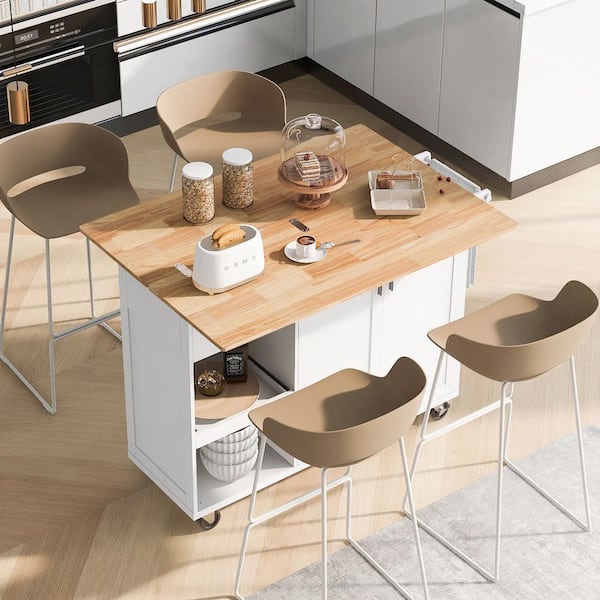 White Wood 49 in. Kitchen Island Cart with Folding Panels/Slide-Out Shelves/Towel Rack and Drawer