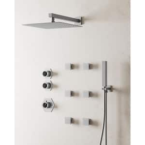 Thermostatic Valve 5-Spray 12 in. Wall Mount Dual Shower Heads and Handheld Shower Head in Brushed Nickel