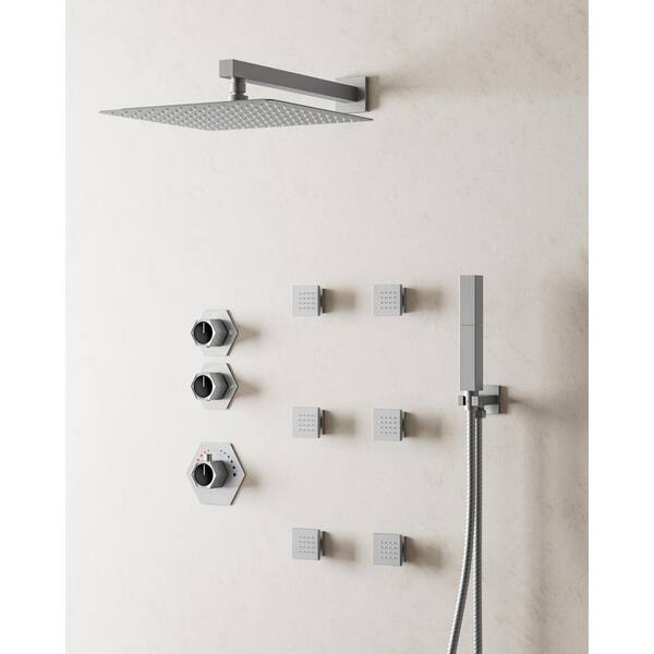 YAWWALK Thermostatic Valve 5-Spray 12 in. Wall Mount Dual Shower Heads and Handheld Shower Head in Brushed Nickel