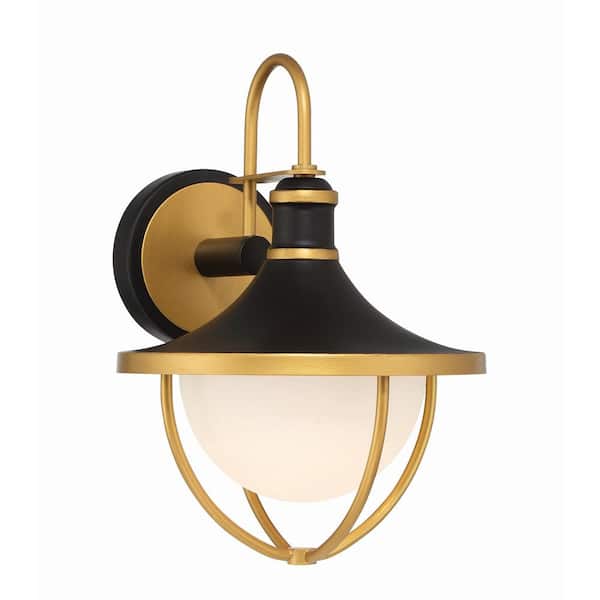 Crystorama Atlas 1-Light Matte Black and Textured Gold Outdoor Hardwired Wall Lantern Sconce with No Bulbs Included