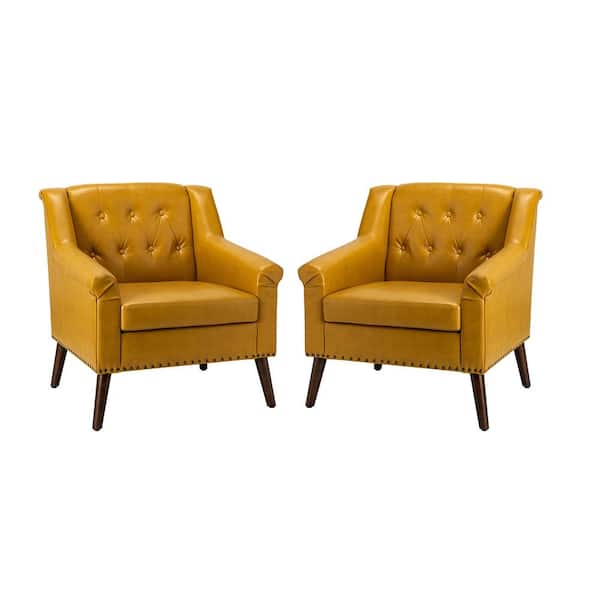 JAYDEN CREATION Nycteus Yellow Transitional Vegan Leather Armchair with Nailhead Trim Set of 2