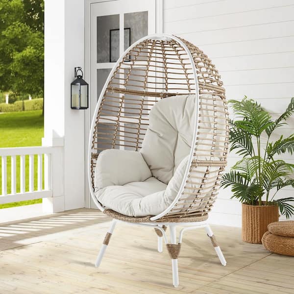 ULAX FURNITURE Wicker Outdoor Egg Lounge Chair with Beige Cushion
