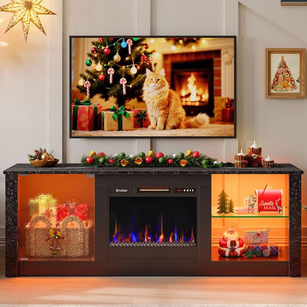 63 in. Freestanding Electric Fireplace TV Stand Media Console Fits TVs Up to 70 in. with Cabinet in Black Marble