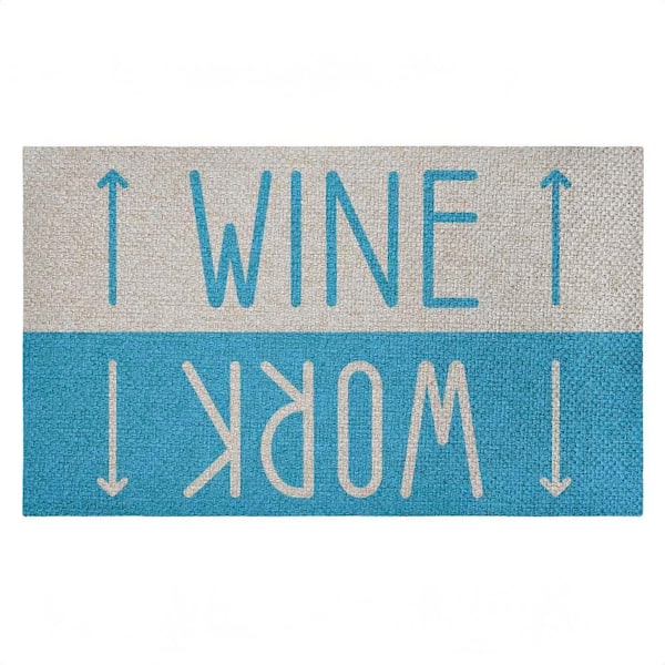 Work and Wine Blue Brown 18 in. x 30 in. Polyester Non-Slip Outdoor Door Mat