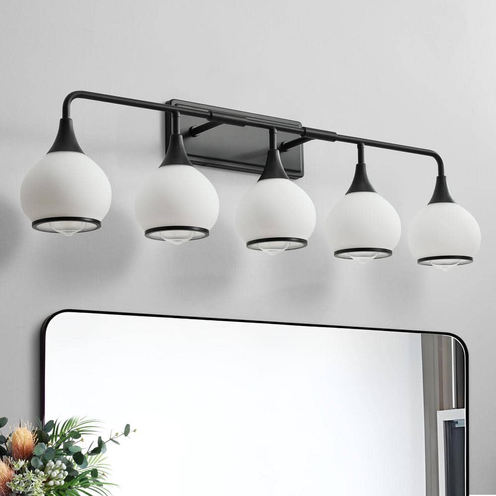 KAISITE 39 in. 5-Light Black Bathroom Vanity Light with Milky White ...