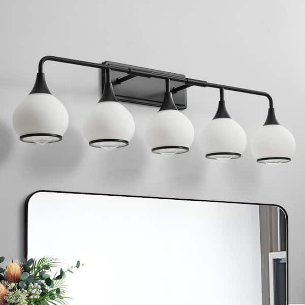 KAISITE 39 in. 5-Light Black Bathroom Vanity Light with Milky White Globe Glass Shades