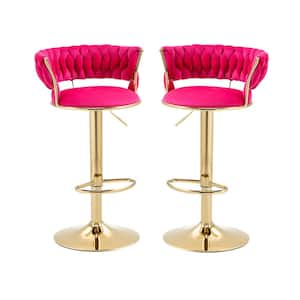 37.8 in. Swivel Adjustable Height Golden Metal Frame Cushioned Bar Stool with Rose Red Velvet Seat (Set of 2)