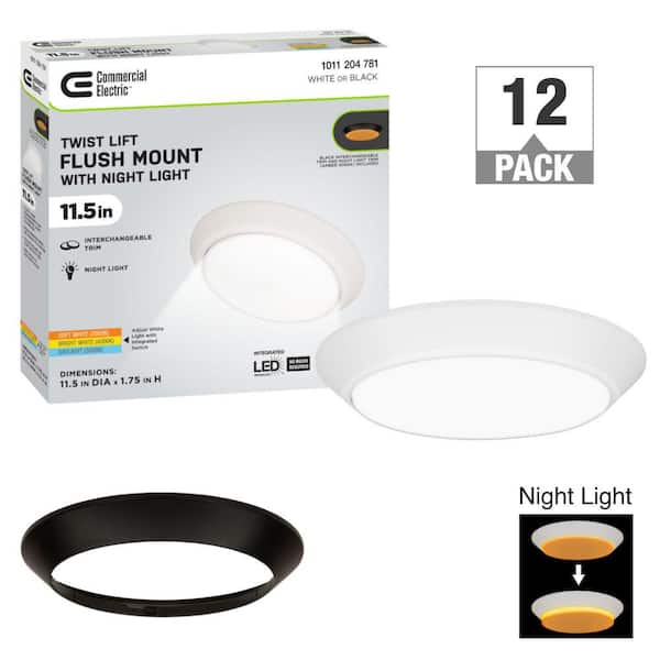 11.5 in. Twist Lift Round LED Flush Mount with Night Light and Extra Black Trim 1800 Lumens Adjustable CCT (12-Pack)