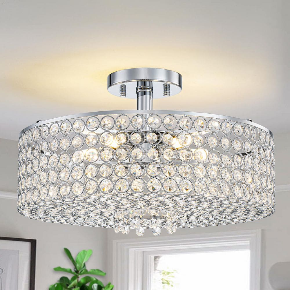 15.75 in. 5-Light Chrome Round Modern Semi-Flush Mount Ceiling Light with B