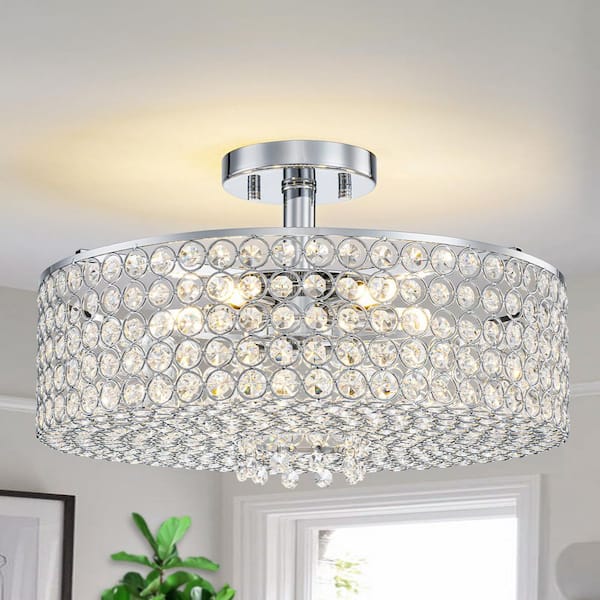 Unbranded 15.75 in. 5-Light Chrome Round Modern Semi-Flush Mount Ceiling Light with Beaded Drum Crystal Shade