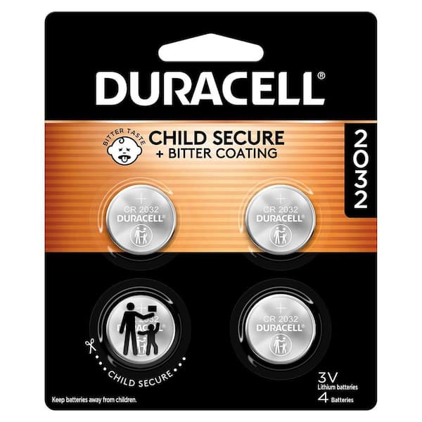 CR2032 3V Lithium Coin Battery, 4 Count Pack, Child Safety Features, Bitter Coating, Compatible with Apple Air Tag