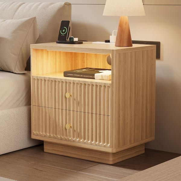 Natural 2 Drawer Fluted Modern Nightstand with Sensor LED Light and Charging Station, Bedroom Bedside Table(Set of 1)