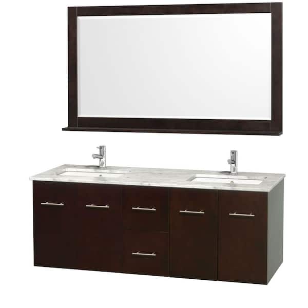 Wyndham Collection Centra 60 in. Double Vanity in Espresso with Marble Vanity Top in Carrara White and Under-Mount Sink