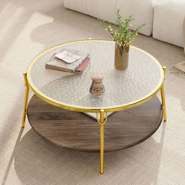 29.9 in. Walnut Round Glass Coffee Table with Glass Top and Gold Base