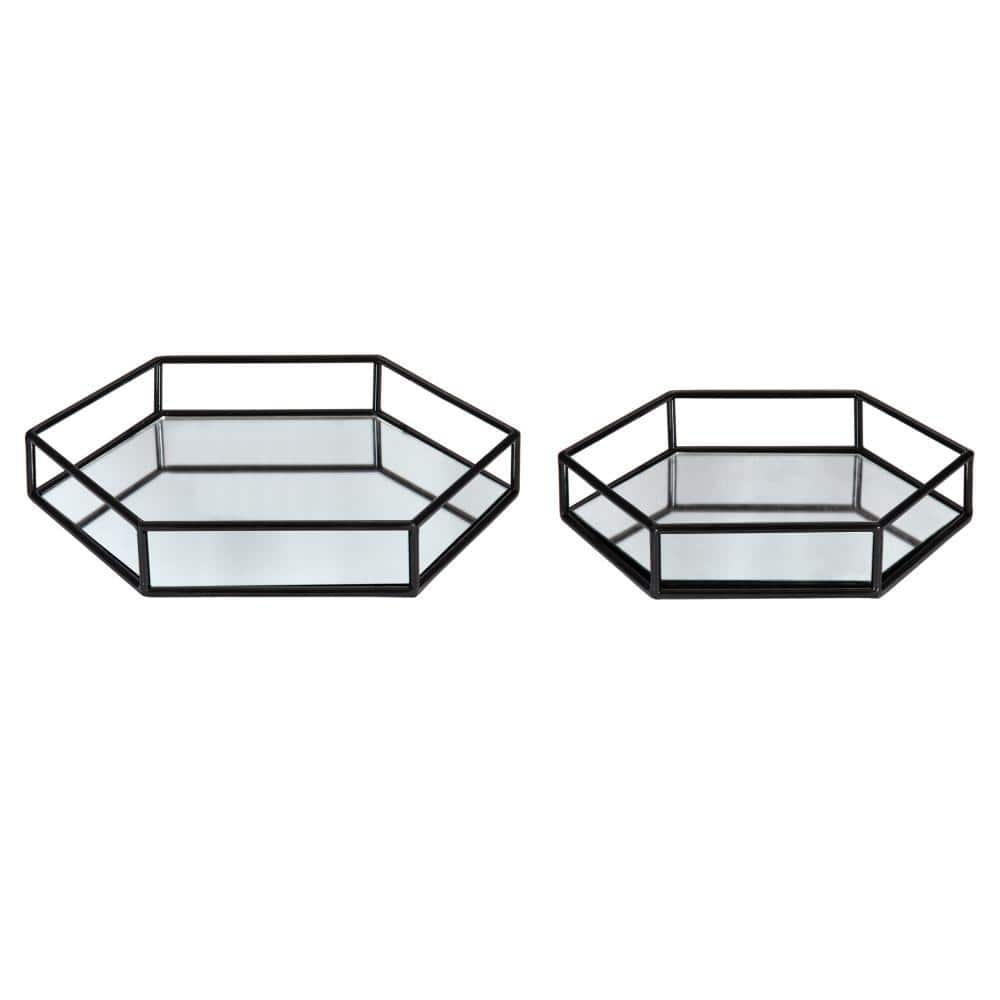 Black Hexagonal Metal and Mirrored Glass Decorative Trays, Set of 2