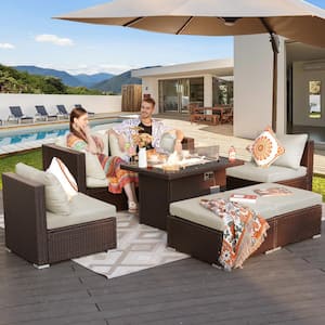 Luxury Espresso 7 Piece Wicker Patio Fire Pit Conversation Sectional Sofa Set with Ottomans and Beige Cushions