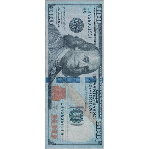 Money Dollar Front Novelty Printed Green Blue 3 ft. x 7 ft. 3 in. Runner Area Rug